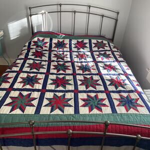 VTG Feed Sack Amish Style 8 Point Star End Quilt 82x92” Holiday Folk Art Country